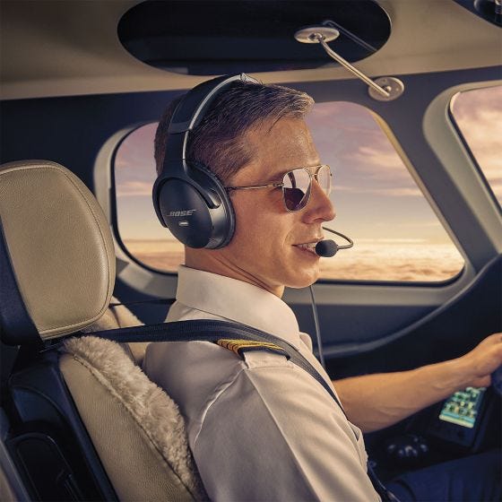 Pilot wearing a Bose A30 aviation headset Pilot wearing a Bose A30 aviation headset