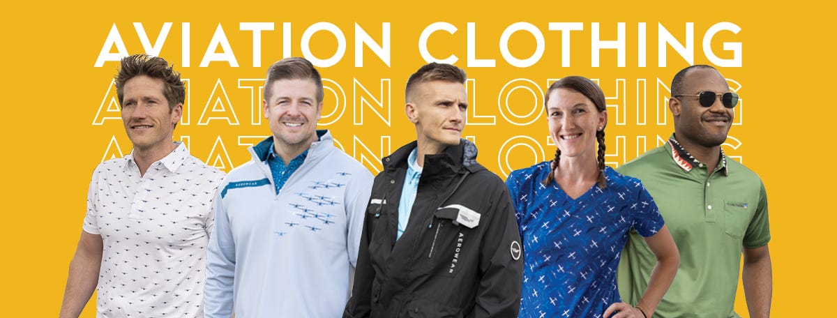 Aviation clothing banner with five people in the foreground