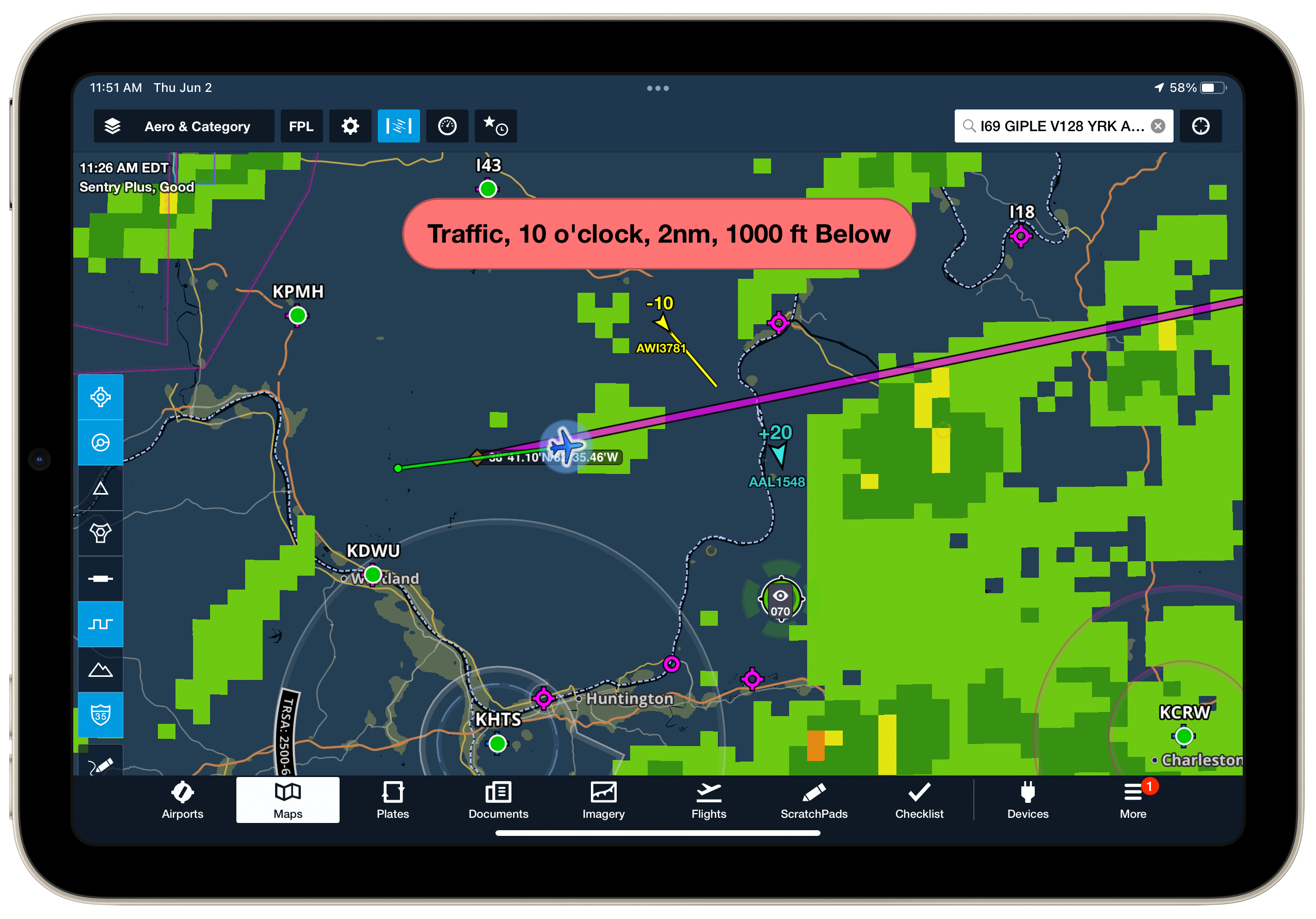 ads-b and flarm traffic data displayed on tablet